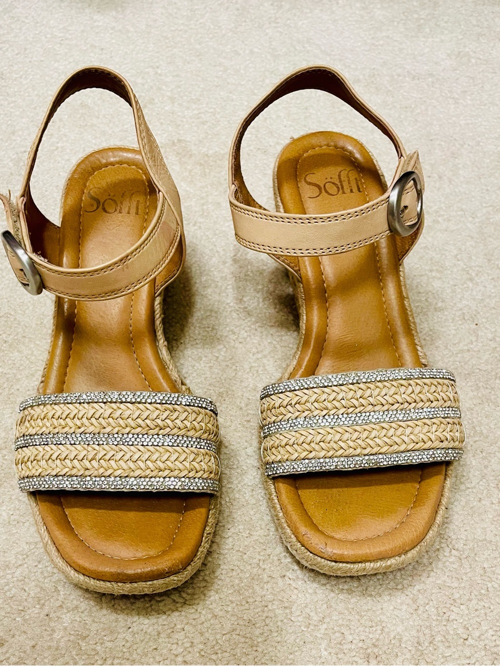 Söfft Woven Raffia Rhinestone Espadrille Wedge Sandals Tan Neutral Embellished